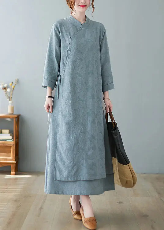 Jacquard Sky Blue Stand Collar Button Lace Up Cotton Long Dresses Fall Ada Fashion