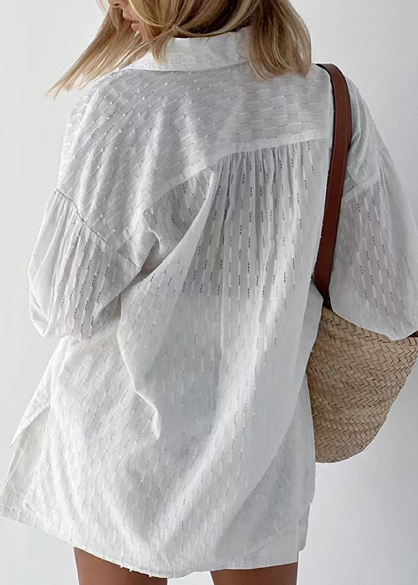 Jacquard White Peter Pan Collar Button Cotton Shirt And Shorts Two Piece Set Summer LY1966