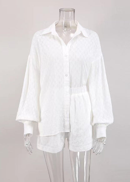 Jacquard White Peter Pan Collar Button Cotton Shirt And Shorts Two Piece Set Summer LY1966