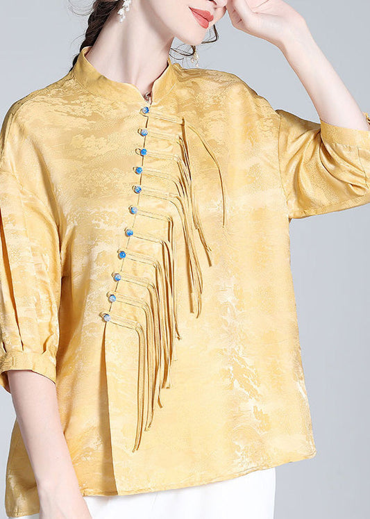 Jacquard Yellow Stand Collar Button Silk Shirt Long Sleeve LY0100