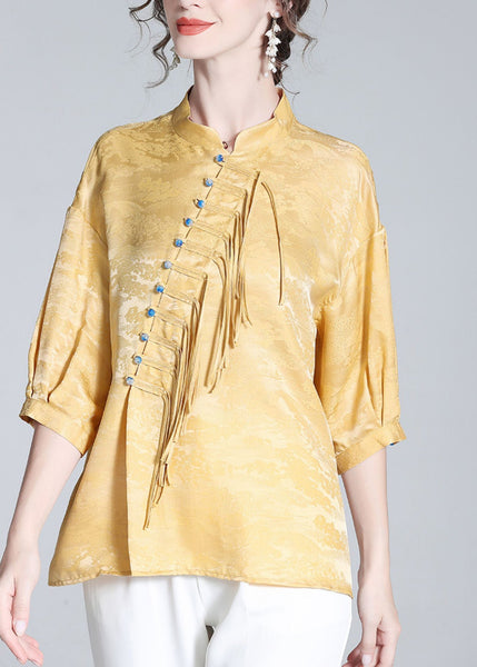 Jacquard Yellow Stand Collar Button Silk Shirt Long Sleeve LY0100