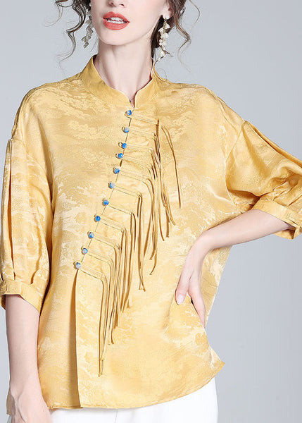 Jacquard Yellow Stand Collar Button Silk Shirt Long Sleeve LY0100