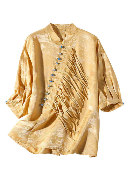 Jacquard Yellow Stand Collar Button Silk Shirt Long Sleeve LY0100