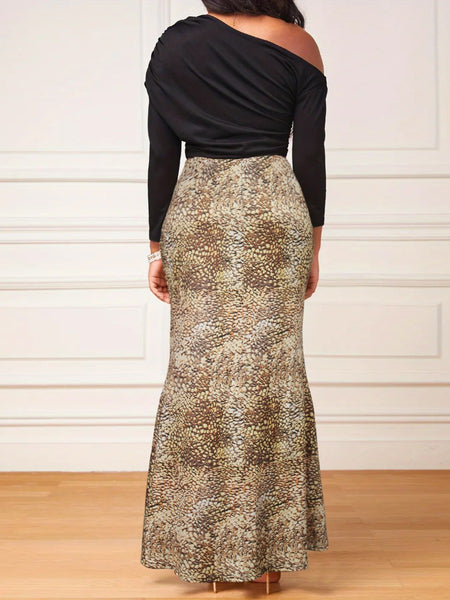 Plus Size Inclined Neck Snakeskin Print Mermaid Dress AC202