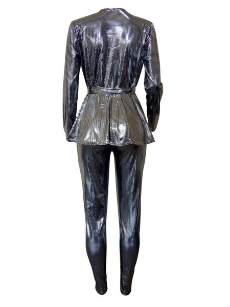 V Neck Bandage Design Rhinestone Decor Pants Set AT9029