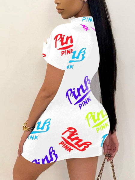 Pink Letter Print Cut Out Ripped Bodycon Dress AR5058