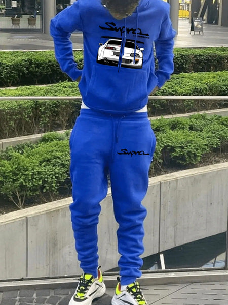 Men Figure Letter Print Kangaroo Pocket Tracksuit Set AT9030