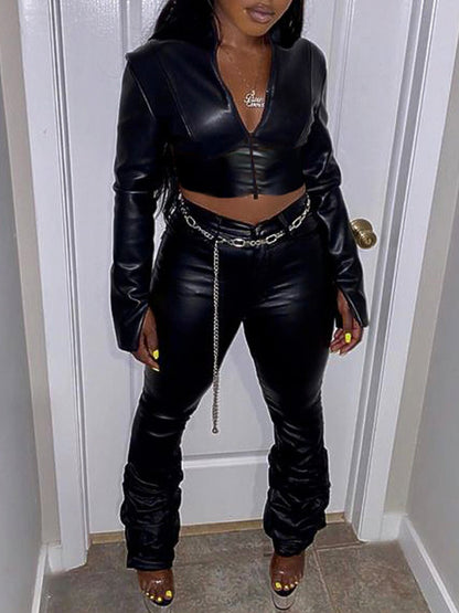 Faux Leather Crop Top Stacked Pants Set BO1123