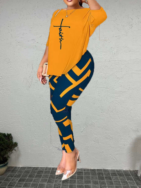 Plus Size Faith Letter Print Back Knot Pants Set BO50121 Furdela