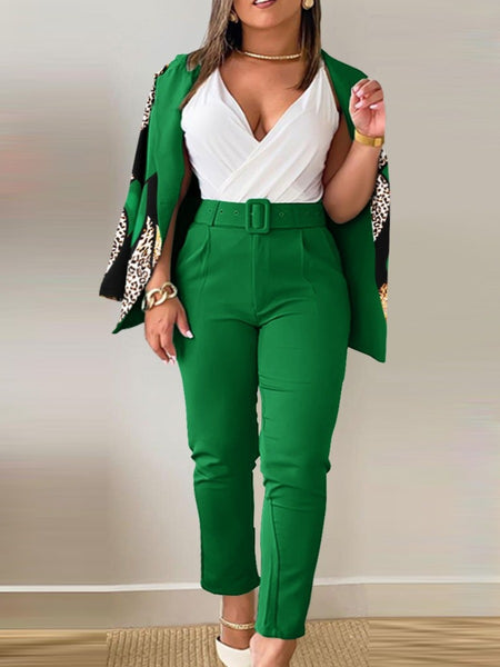 Plus Size Letter Print Belt Design Blazer Pants Set BO3021