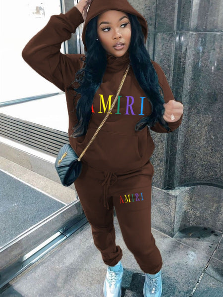 Plus Size Letter Print Kangaroo Pocket Tracksuit Set AT9055
