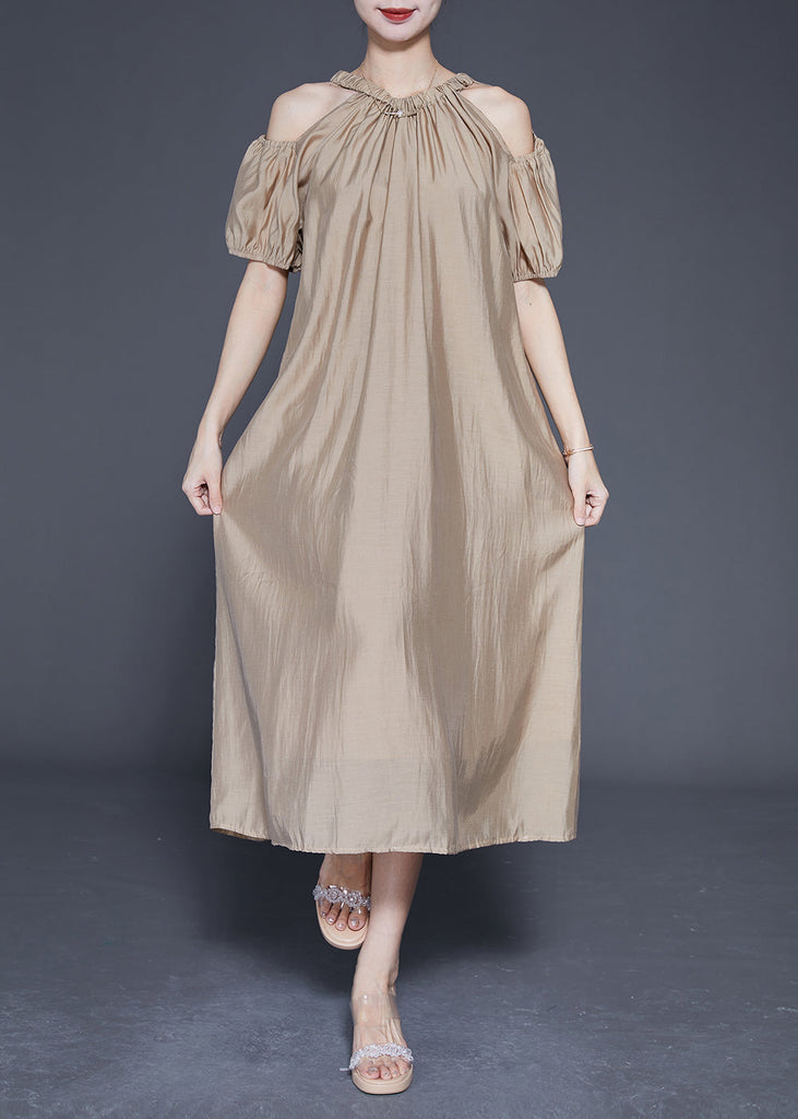 Khaki Cold Shoulder Silk Party Dress Oversized Summer LY1840