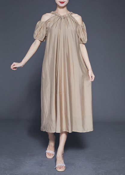 Khaki Cold Shoulder Silk Party Dress Oversized Summer LY1840