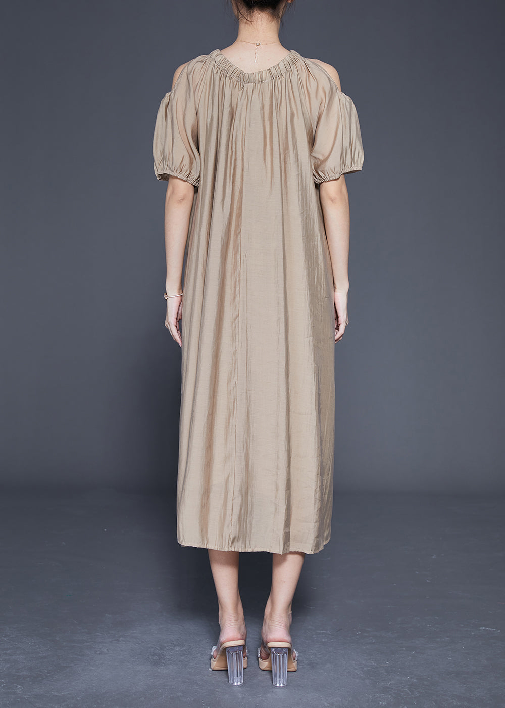 Khaki Cold Shoulder Silk Party Dress Oversized Summer LY1840