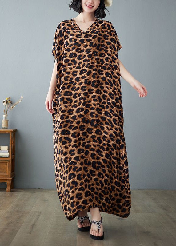 Khaki Leopard Print Linen Holiday Dress V Neck Summer LY0899