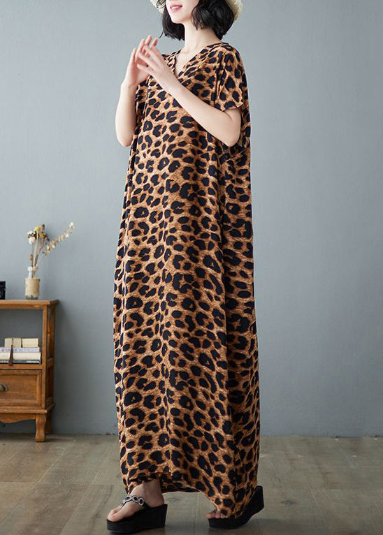 Khaki Leopard Print Linen Holiday Dress V Neck Summer LY0899