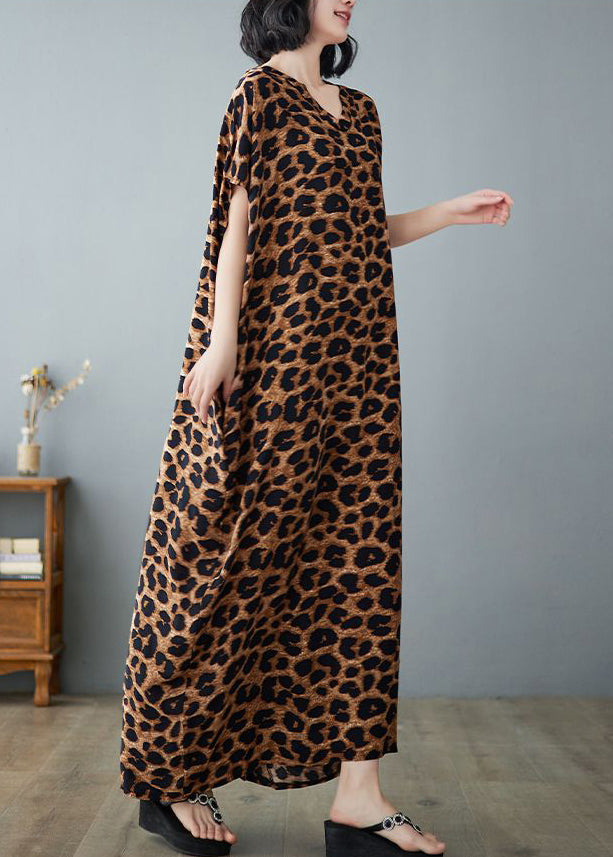 Khaki Leopard Print Linen Holiday Dress V Neck Summer LY0899