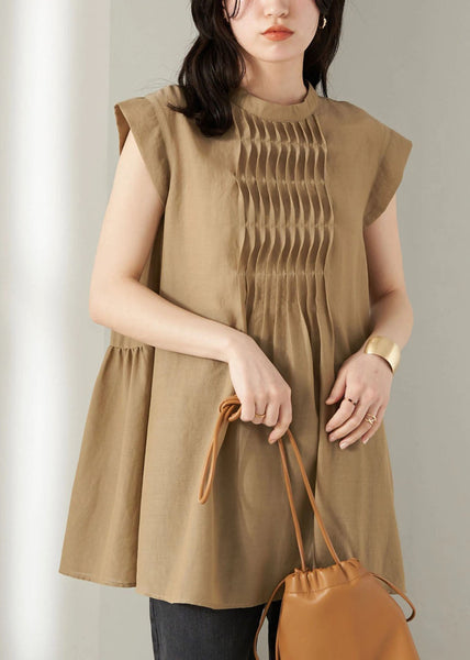 Khaki Patchwork Cotton Tank Wrinkled Exra Large Hem Summer LY1306