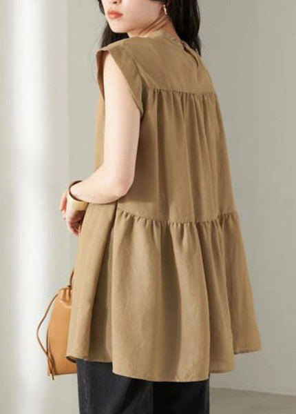 Khaki Patchwork Cotton Tank Wrinkled Exra Large Hem Summer LY1306