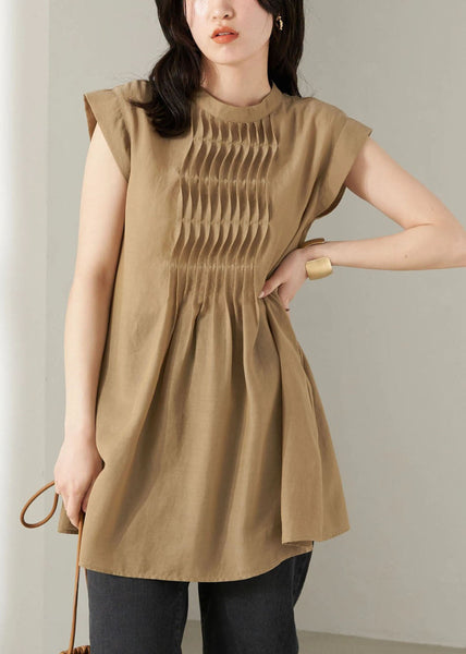 Khaki Patchwork Cotton Tank Wrinkled Exra Large Hem Summer LY1306