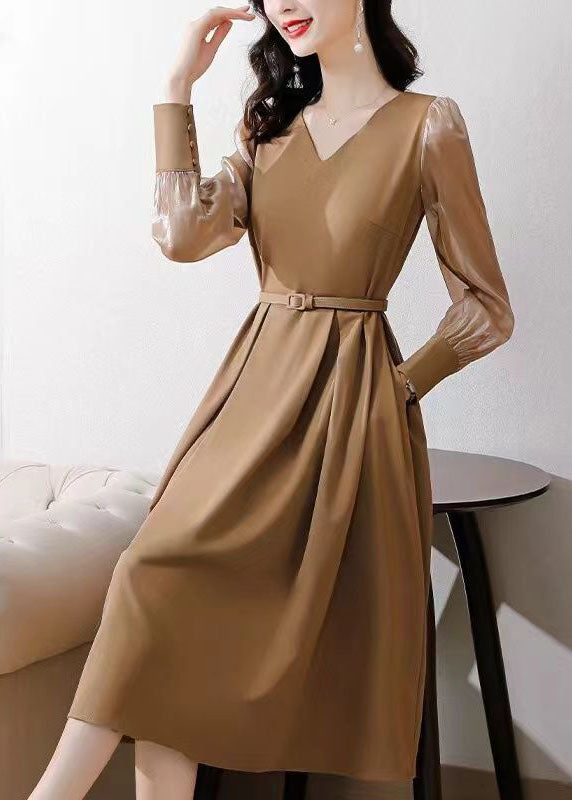 Khaki Patchwork Spandex A Line Dresses Cinched Spring LC0072