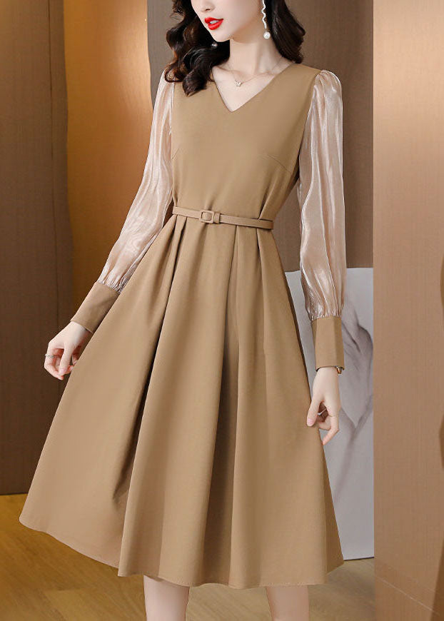 Khaki Patchwork Spandex A Line Dresses Cinched Spring LC0072