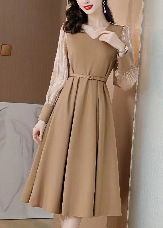 Khaki Patchwork Spandex A Line Dresses Cinched Spring LC0072