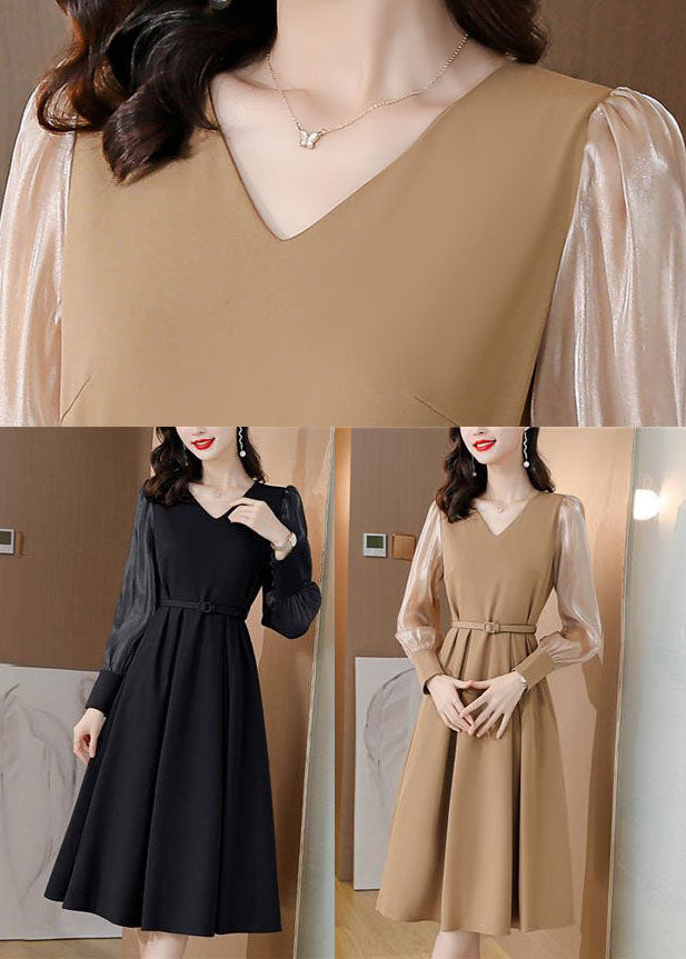 Khaki Patchwork Spandex A Line Dresses Cinched Spring LC0072