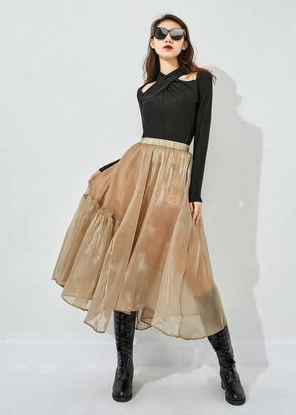 Khaki Patchwork Tulle Skirts Wrinkled Exra Large Hem Summer LY0812