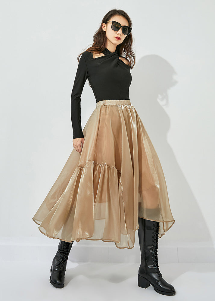 Khaki Patchwork Tulle Skirts Wrinkled Exra Large Hem Summer LY0812