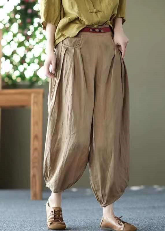 Khaki Pockets Patchwork Linen Crop Pants Elastic Waist Summer LY0593