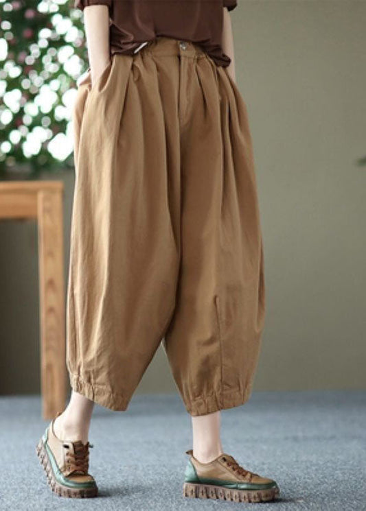 Khaki Pockets Patchwork Linen Crop Pants Wrinkled Summer LY0622