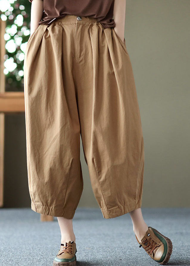 Khaki Pockets Patchwork Linen Crop Pants Wrinkled Summer LY0622