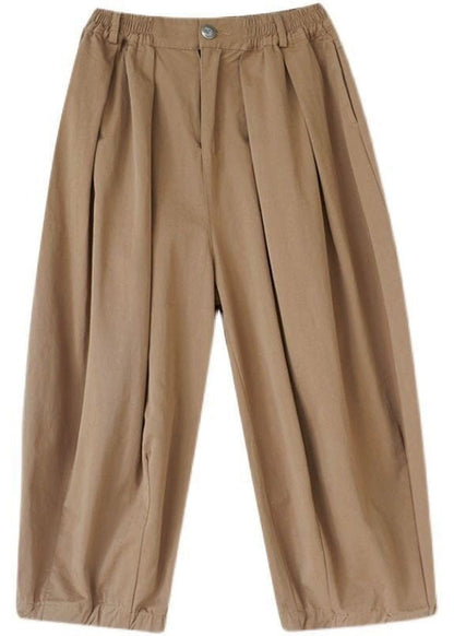 Khaki Pockets Patchwork Linen Crop Pants Wrinkled Summer LY0622