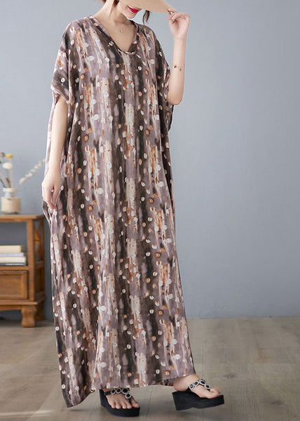 Robe caftan oversize en lin imprimé kaki, été LY0891