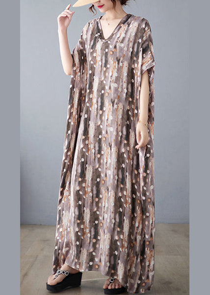 Robe caftan oversize en lin imprimé kaki, été LY0891