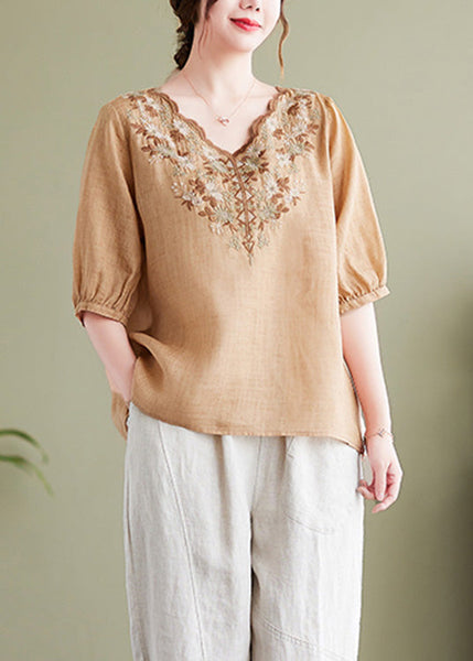 T-shirt kaki à col en V, manches courtes, en coton uni AC2036