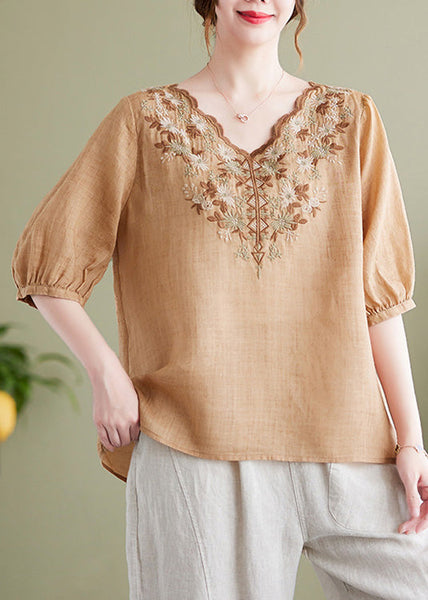 T-shirt kaki à col en V, manches courtes, en coton uni AC2036