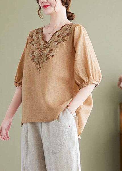 T-shirt kaki à col en V, manches courtes, en coton uni AC2036