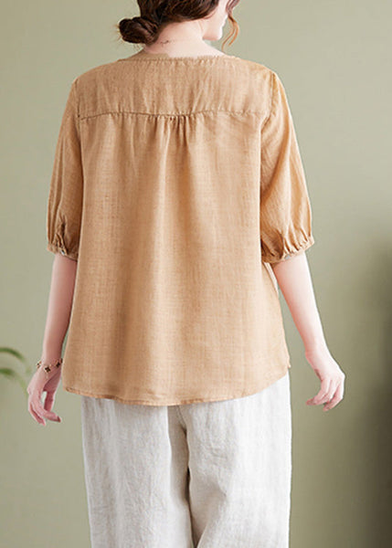 T-shirt kaki à col en V, manches courtes, en coton uni AC2036