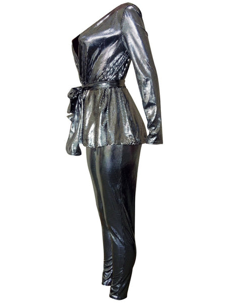 V Neck Bandage Design Rhinestone Decor Pants Set AT9029