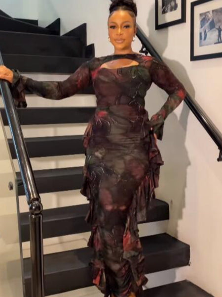 Plus Size Mixed Print Flounce Design Cut Out Bodycon Dress AR8037