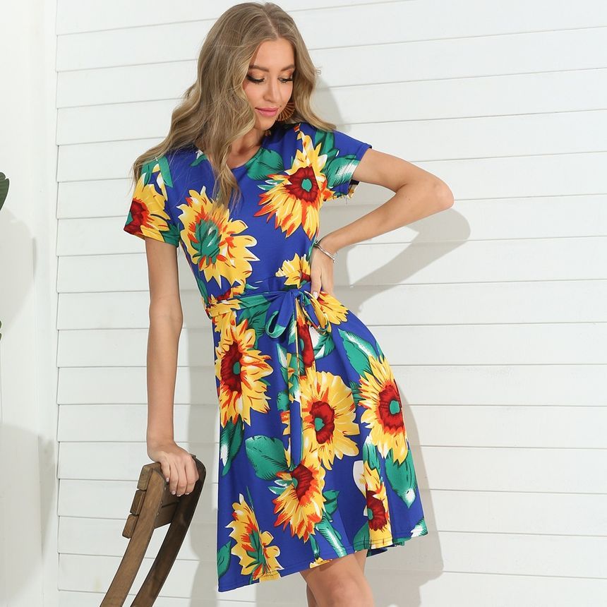 Short-Sleeve Floral A-Line Dress CA1040