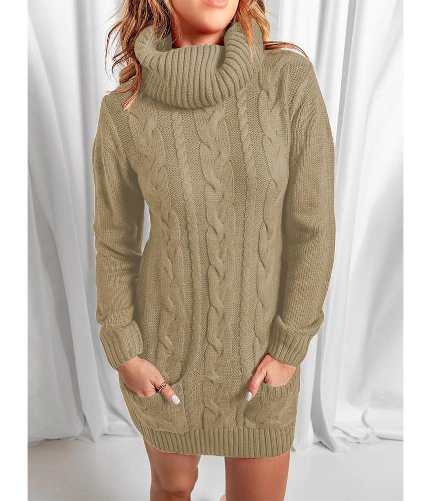 Turtleneck Plain Cable Knit Mini Sweater Dress YR4058