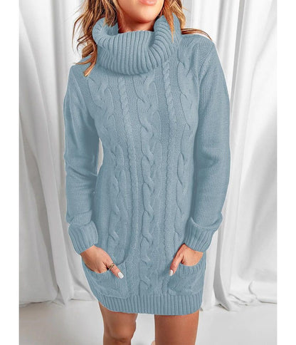 Turtleneck Plain Cable Knit Mini Sweater Dress YR4058