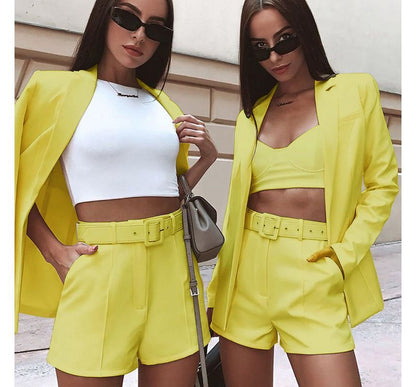 Set: Plain Open Front Blazer + High Waist Dress Shorts + Belt YR4056