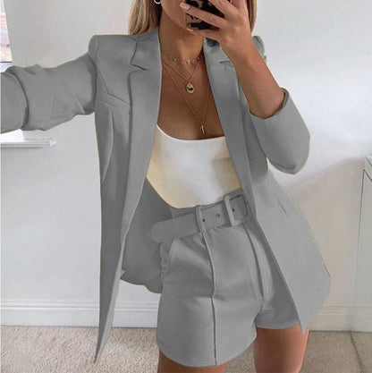 Set: Plain Open Front Blazer + High Waist Dress Shorts + Belt YR4056