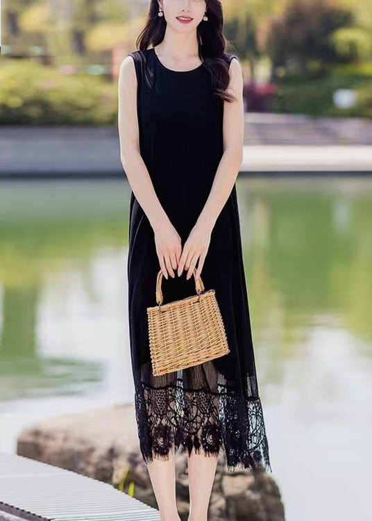 Lace Patchwork Pocket Round Neck Sleeveless Maxi Dress Black LC0046