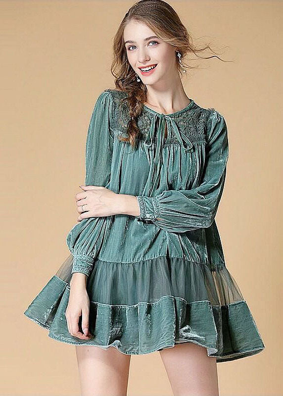 Light Green Embroideried Velour Dress O Neck Spring LY0013