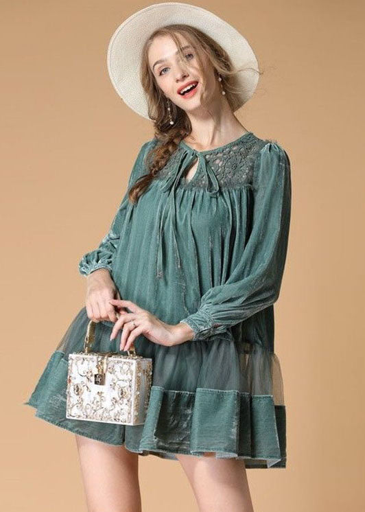 Light Green Embroideried Velour Dress O Neck Spring LY0013